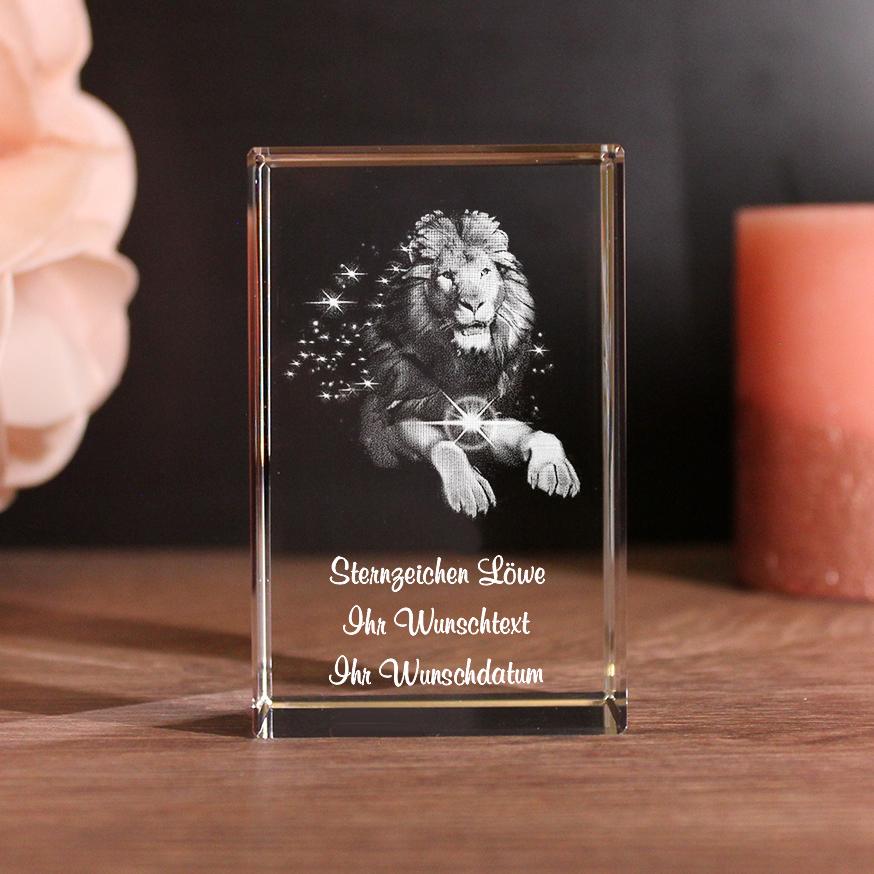 Lovegoals 3D Glasquader Sternzeichen Löwe mit Deinem Wunschtext graviert
