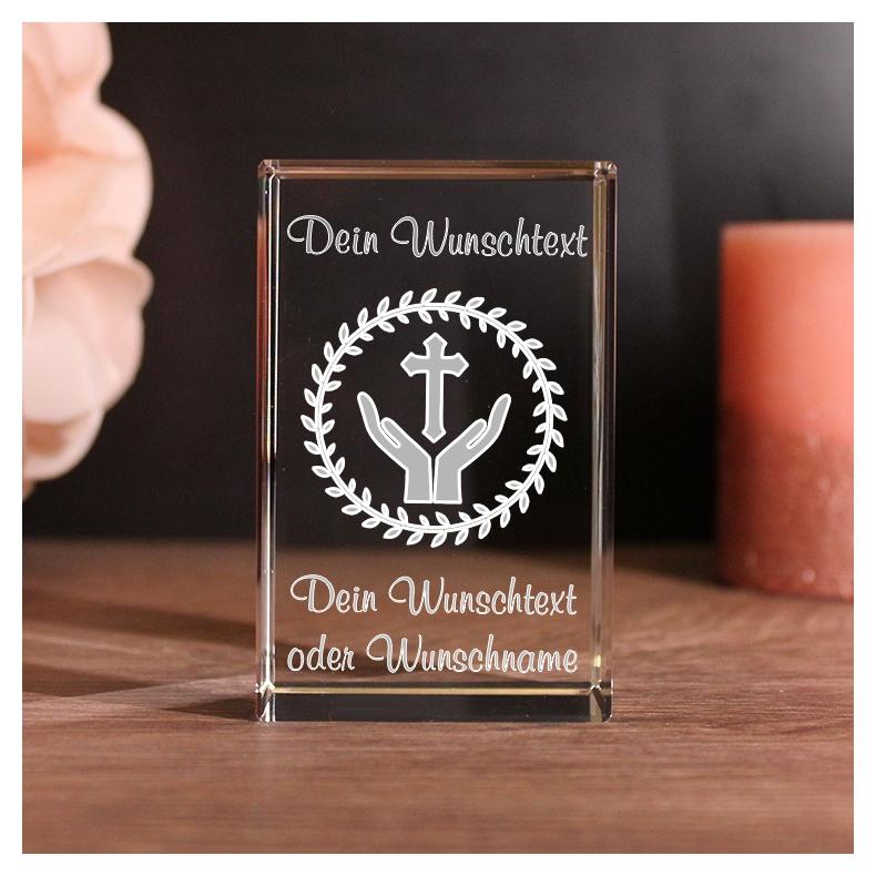 3D Glaskristall zur Taufe| Motiv: Kreuz und Hände | Geschenk mit Deinem Wunschtext graviert