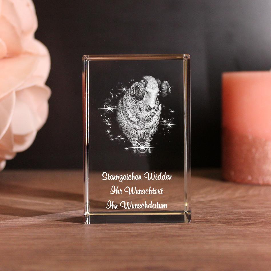 Lovegoals 3D Glasquader Sternzeichen Widder mit Deinem Wunschtext graviert