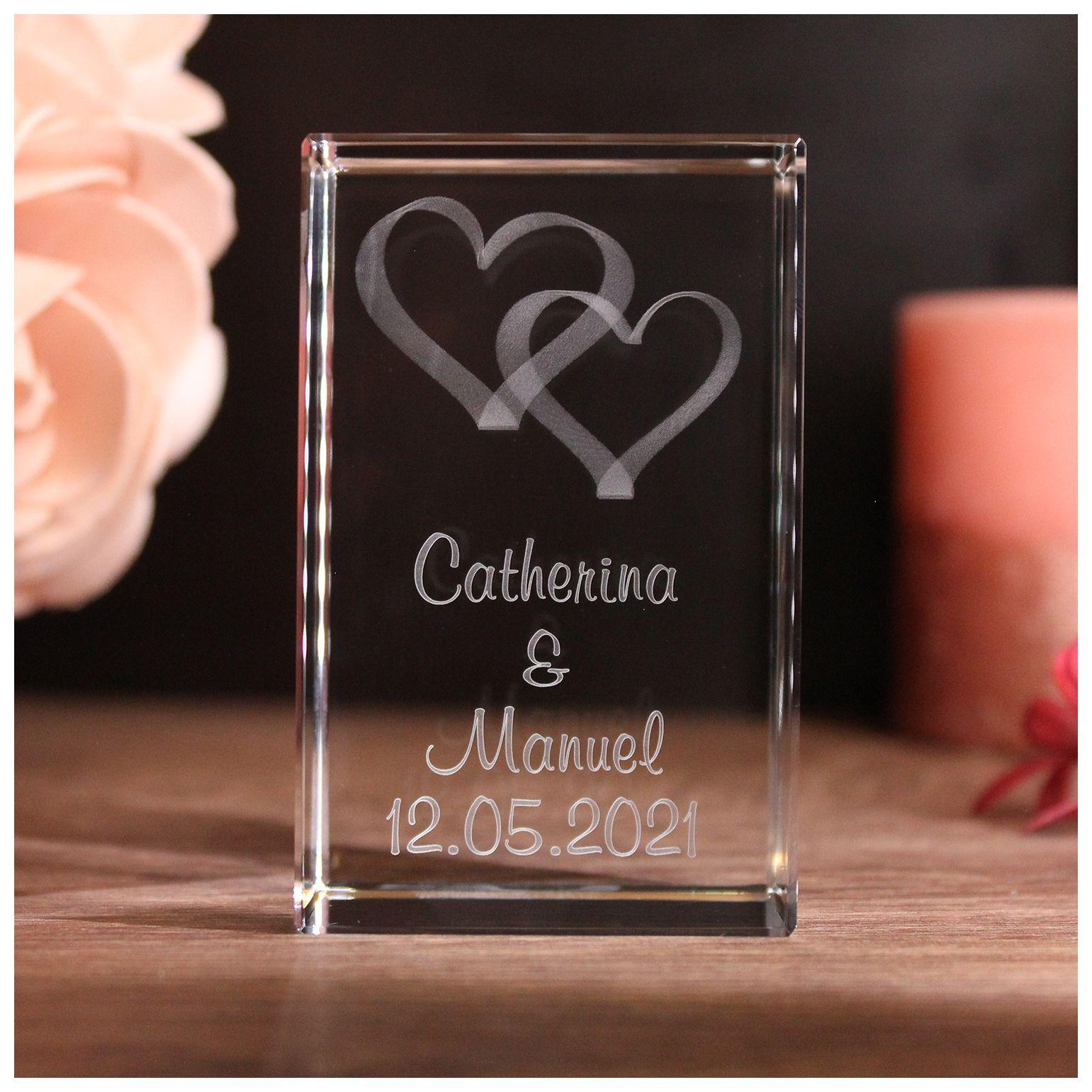 LoveGoals 3D Glaskristall Verschlungene Herzen im Hochformat mit 2 Wunschnamen + Datum