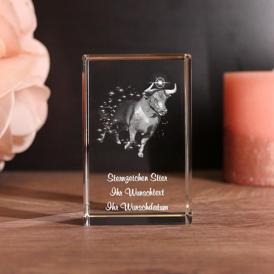 Lovegoals 3D Glasquader Sternzeichen Stier mit Deinem Wunschtext graviert