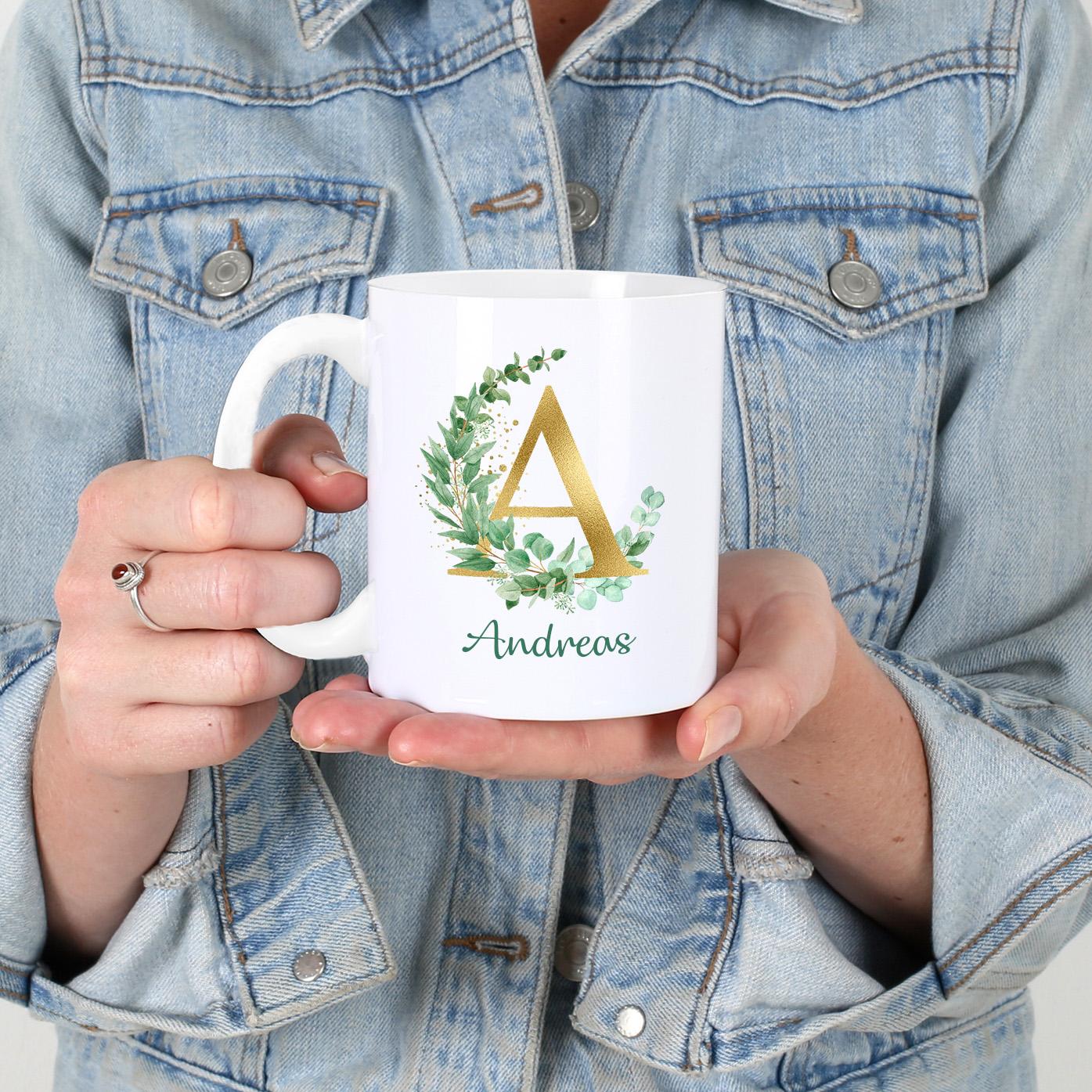 LOVEGOALS Kaffeetasse Eukalyptus Namenstasse Monogramm personalisiert incl. Deinem Wunschnamen