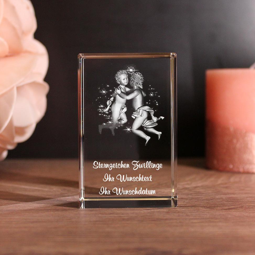 Lovegoals 3D Glasquader Sternzeichen Zwillinge mit Deinem Wunschtext graviert