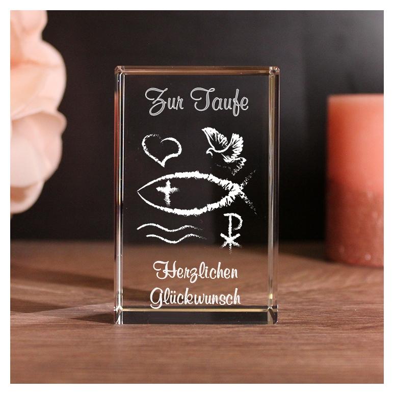 3D Glaskristall zur Taufe| Motiv: Religiöses Ichthys Fisch-Symbol | Text: Alles Gute zur Taufe