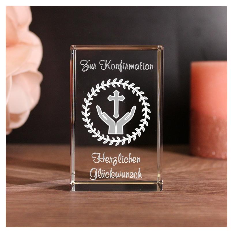3D Glaskristall zur Konfirmation | Motiv: Kreuz und Hände | Text: Herzlichen Glückwunsch zur Konfirmation