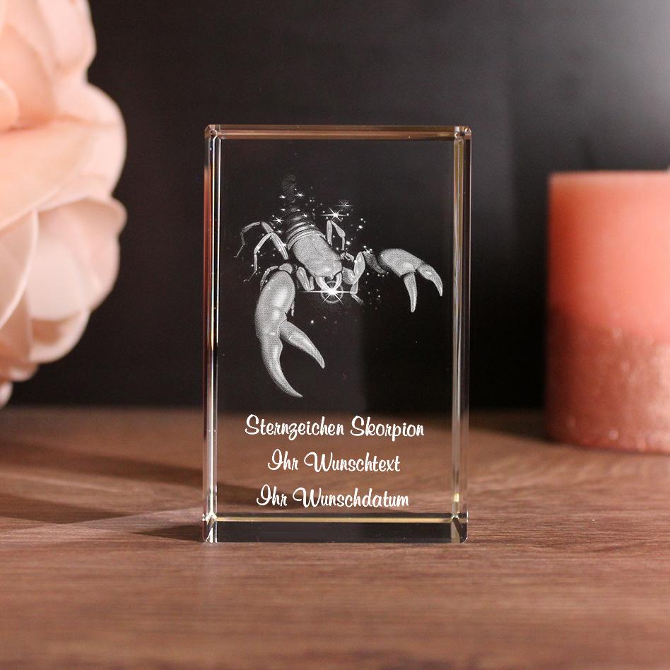 Lovegoals 3D Glasquader Sternzeichen Skorpion mit Deinem Wunschtext graviert