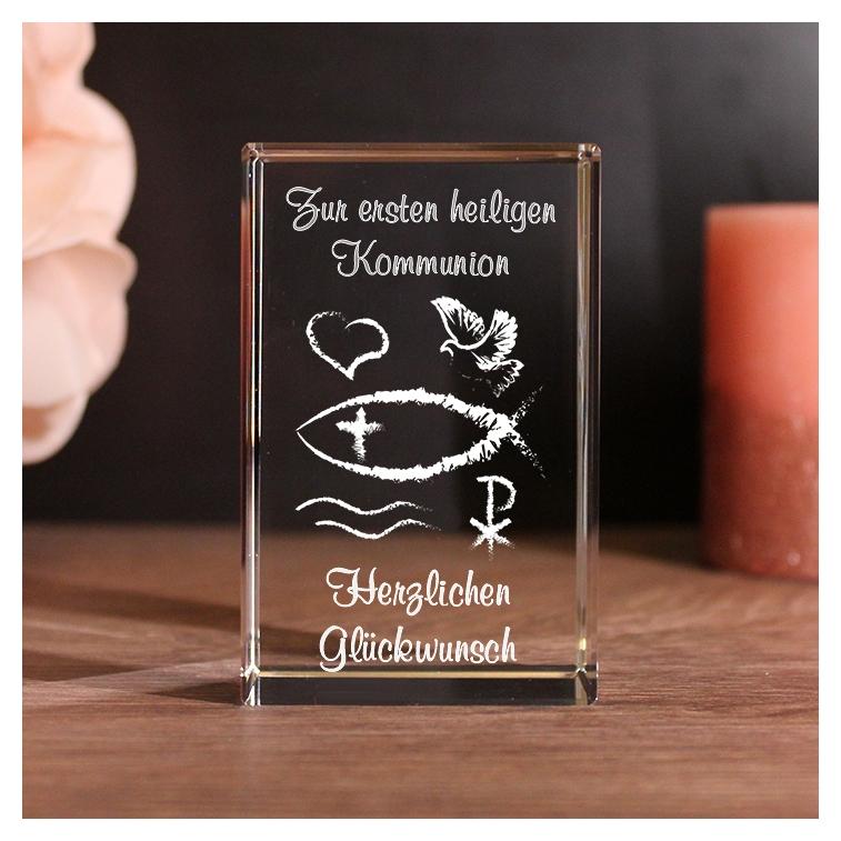 3D Glaskristall zur Kommunion | Motiv: Religiöses Ichthys Fisch-Symbol | Text: Alles Gute zur Kommunion