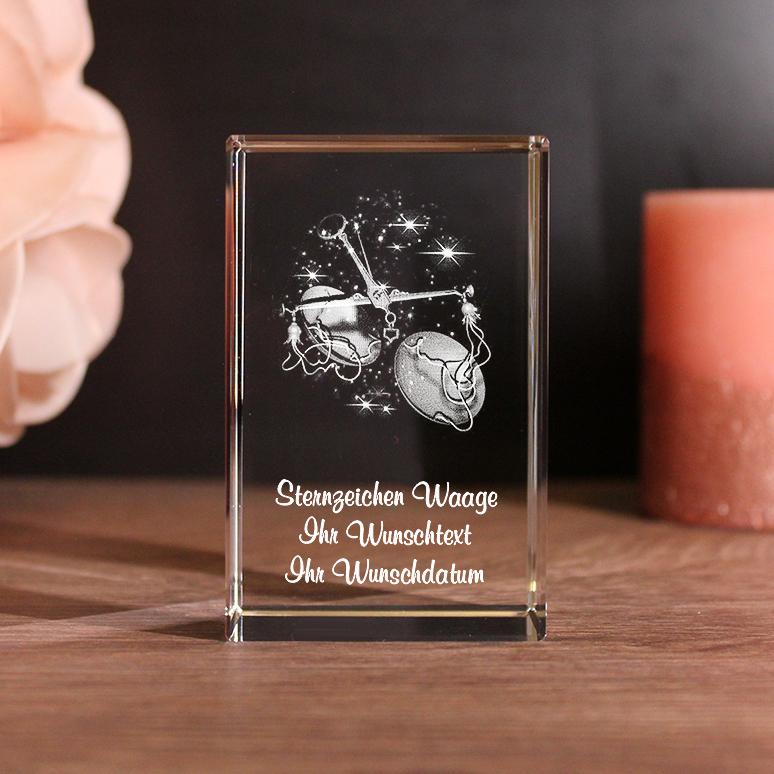 Lovegoals 3D Glasquader Sternzeichen Waage mit Deinem Wunschtext graviert