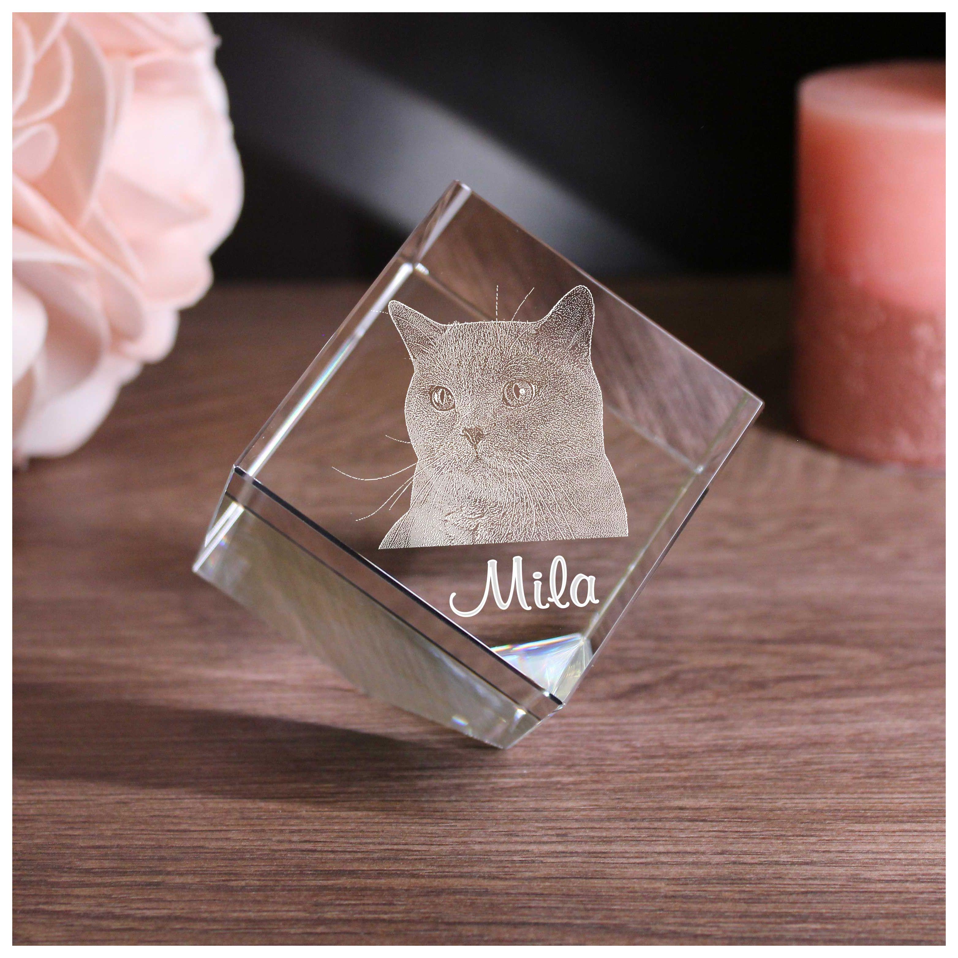 3D Glasfoto Corner-Cut Würfel mit Deinem Wunschfoto und Wunschtext