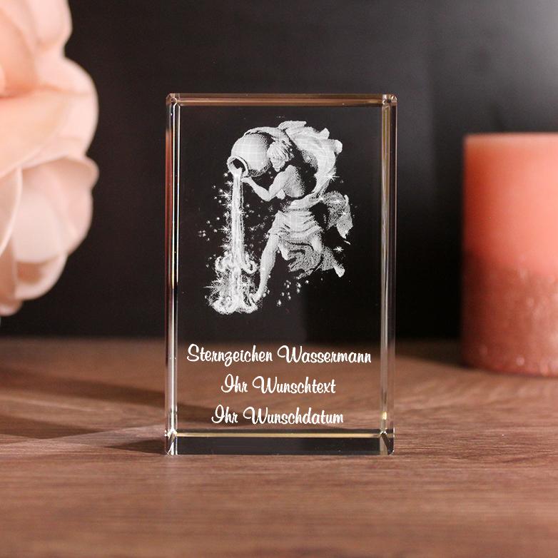 Lovegoals 3D Glasquader Sternzeichen Wassermann mit Deinem Wunschtext graviert