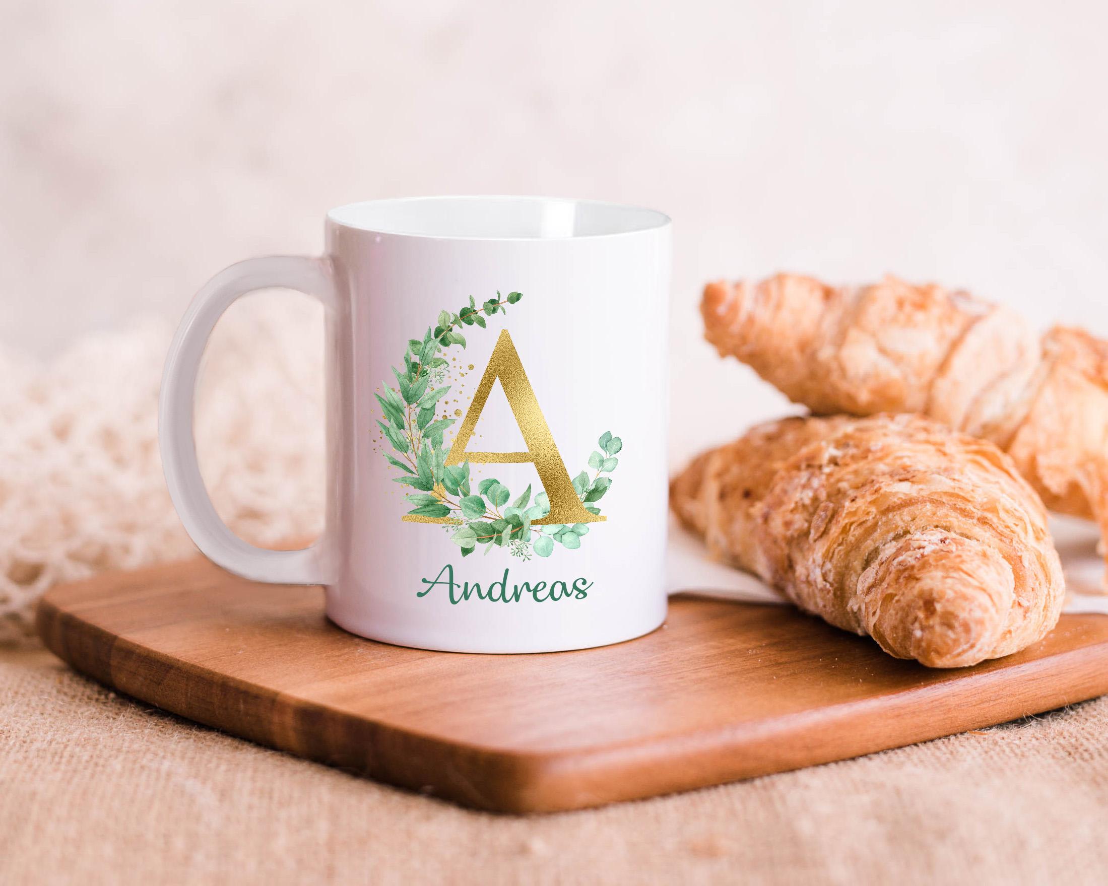 LOVEGOALS Kaffeetasse Eukalyptus Namenstasse Monogramm personalisiert incl. Deinem Wunschnamen