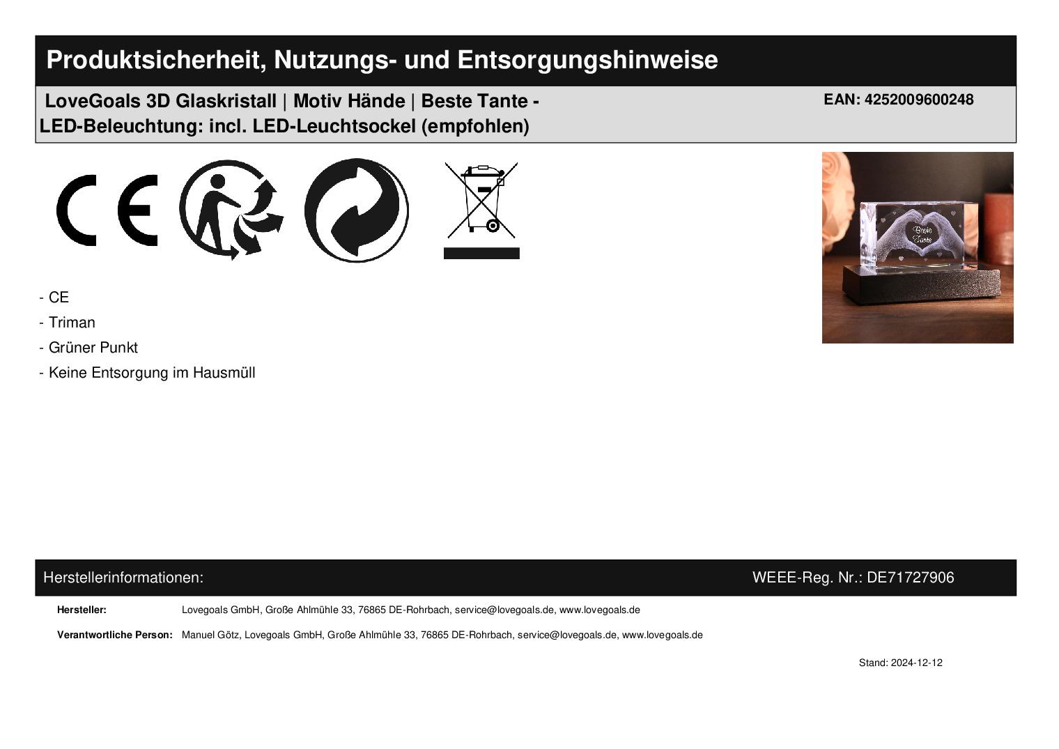 LoveGoals 3D Glaskristall | Motiv Hände | Beste Tante - LED-Beleuchtung: incl. LED-Leuchtsockel (empfohlen)