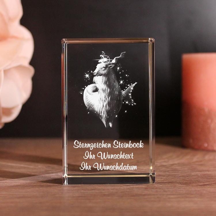 Lovegoals 3D Glasquader Sternzeichen Steinbock mit Deinem Wunschtext graviert