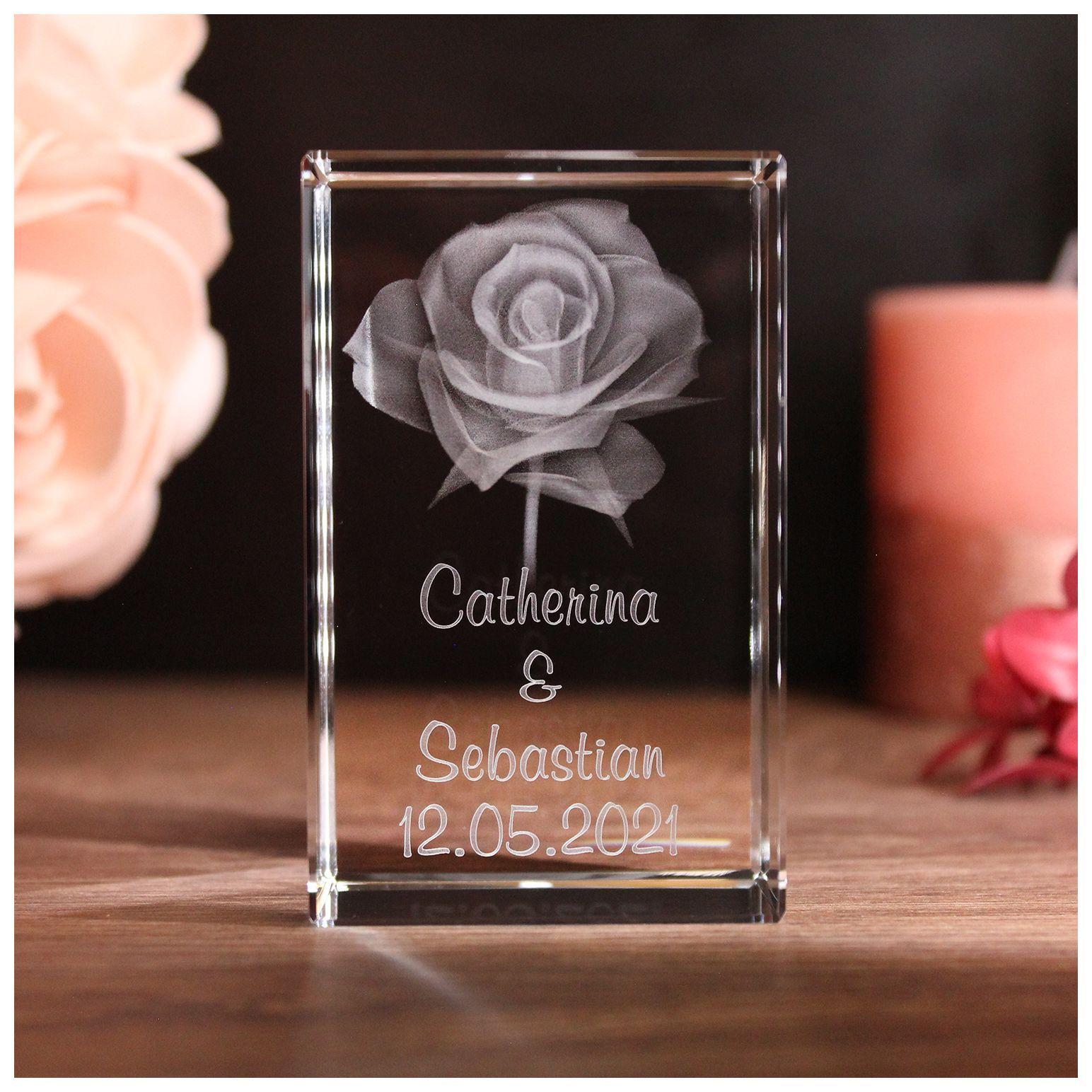 LoveGoals 3D Glaskristall Rose im Hochformat mit 2 Wunschnamen + Datum