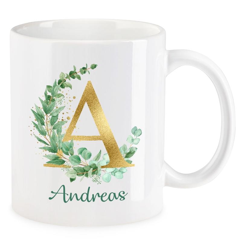 LOVEGOALS Kaffeetasse Eukalyptus Namenstasse Monogramm personalisiert incl. Deinem Wunschnamen
