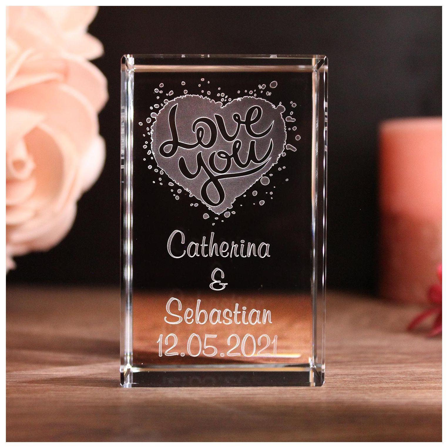 LoveGoals 3D Glaskristall Love You im Hochformat mit 2 Wunschnamen + Datum