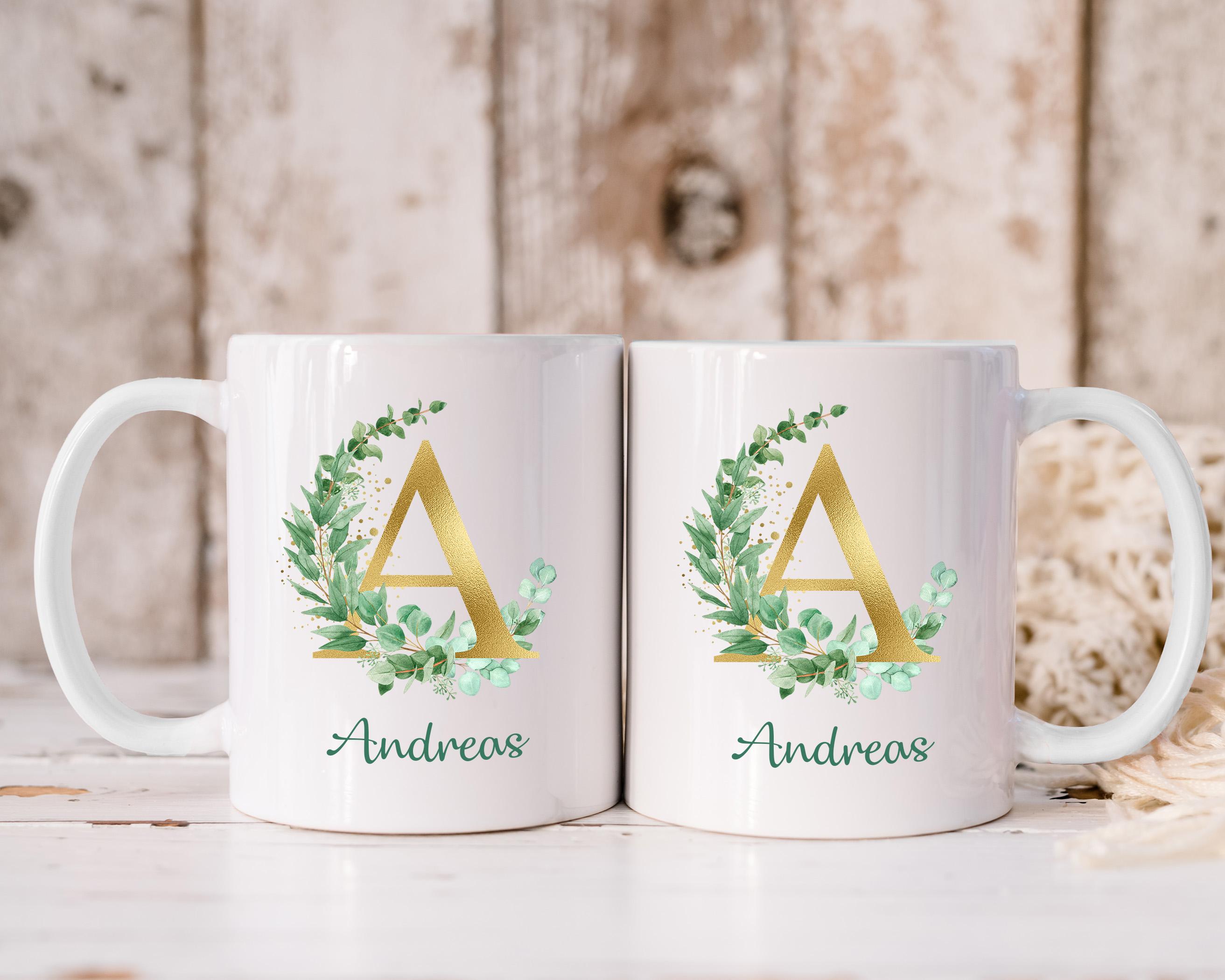 LOVEGOALS Kaffeetasse Eukalyptus Namenstasse Monogramm personalisiert incl. Deinem Wunschnamen