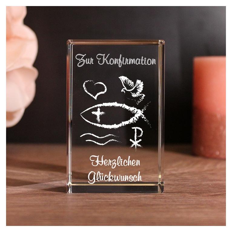 3D Glaskristall zur Konfirmation | Motiv: Religiöses Ichthys Fisch-Symbol | Text: Alles Gute zur Konfirmation