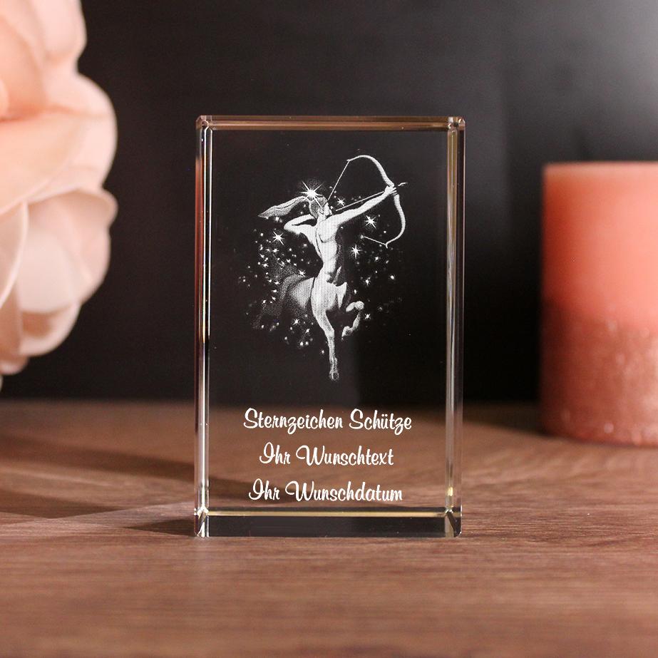 Lovegoals 3D Glasquader Sternzeichen Schütze mit Deinem Wunschtext graviert