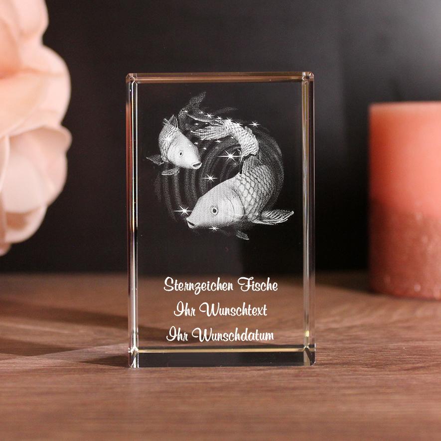 Lovegoals 3D Glasquader Sternzeichen Fische mit Deinem Wunschtext graviert