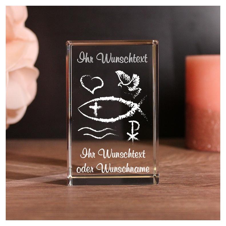 3D Glaskristall zur Konfirmation | Motiv: Religiöses Ichthys Fisch-Symbol | Geschenk mit Deinem Wunschtext graviert